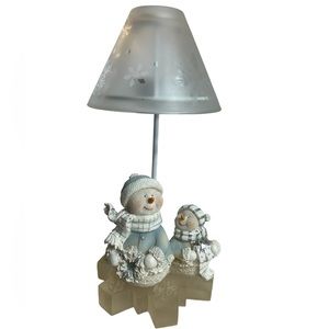 Snowmen Tea Light Votive Lamp Glass Snowflake Shade Blue White Christmas Vtg